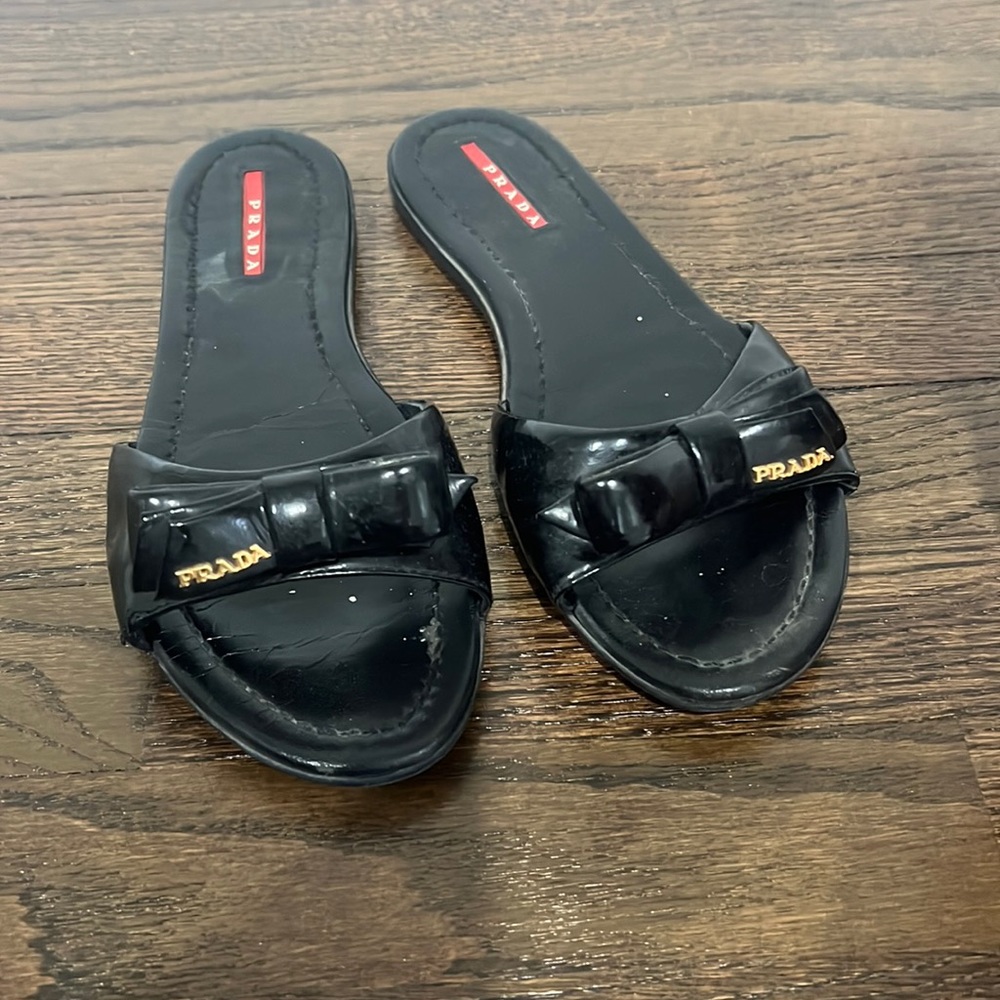 Prada Black Patent Leather Bow Logo Slide Sandals